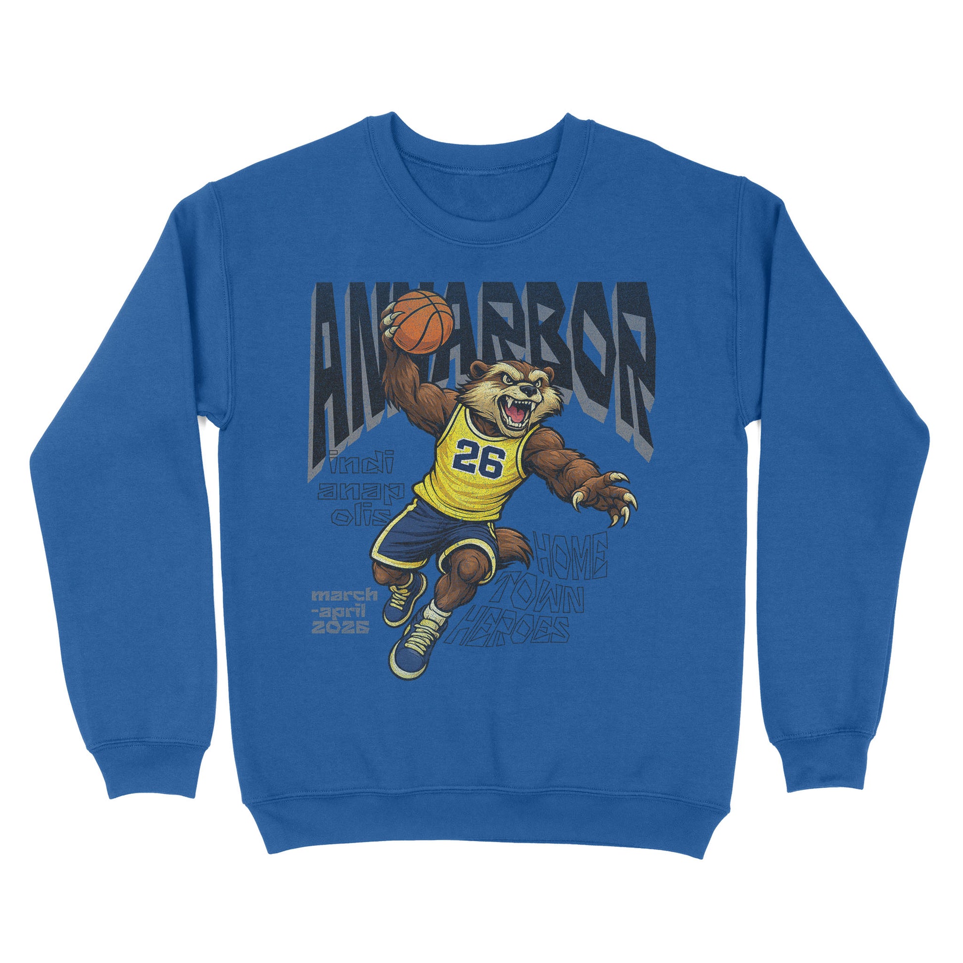 Blue sweatshirt with a bear playing basketball graphic and 'Ann Arbor' text on a white background