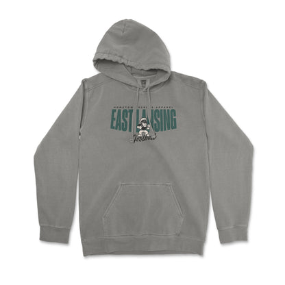 Gray hoodie with 'East Lansing' text and graphic on a white background
