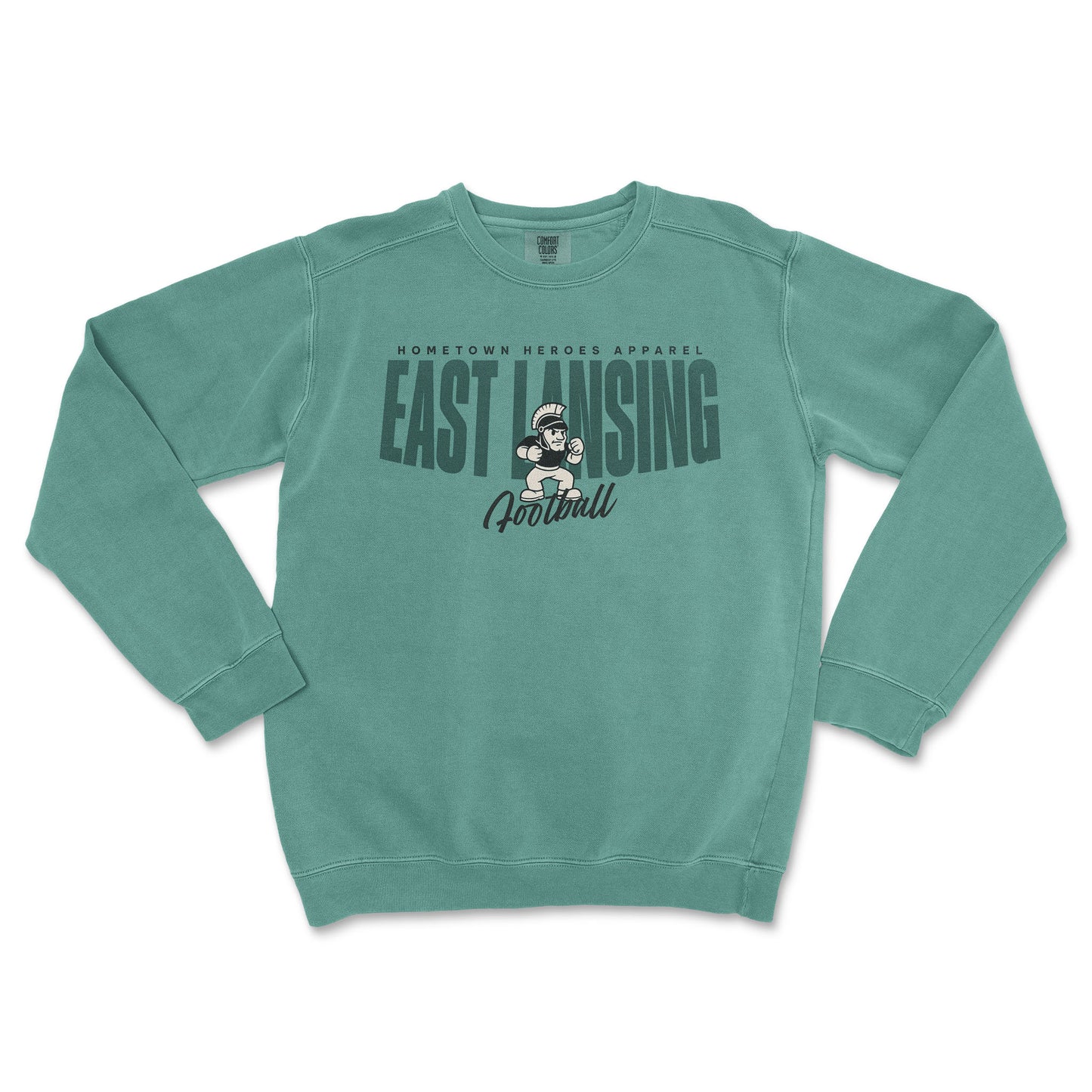 Teal sweatshirt with 'East Lansing Football' text and graphic on a white background