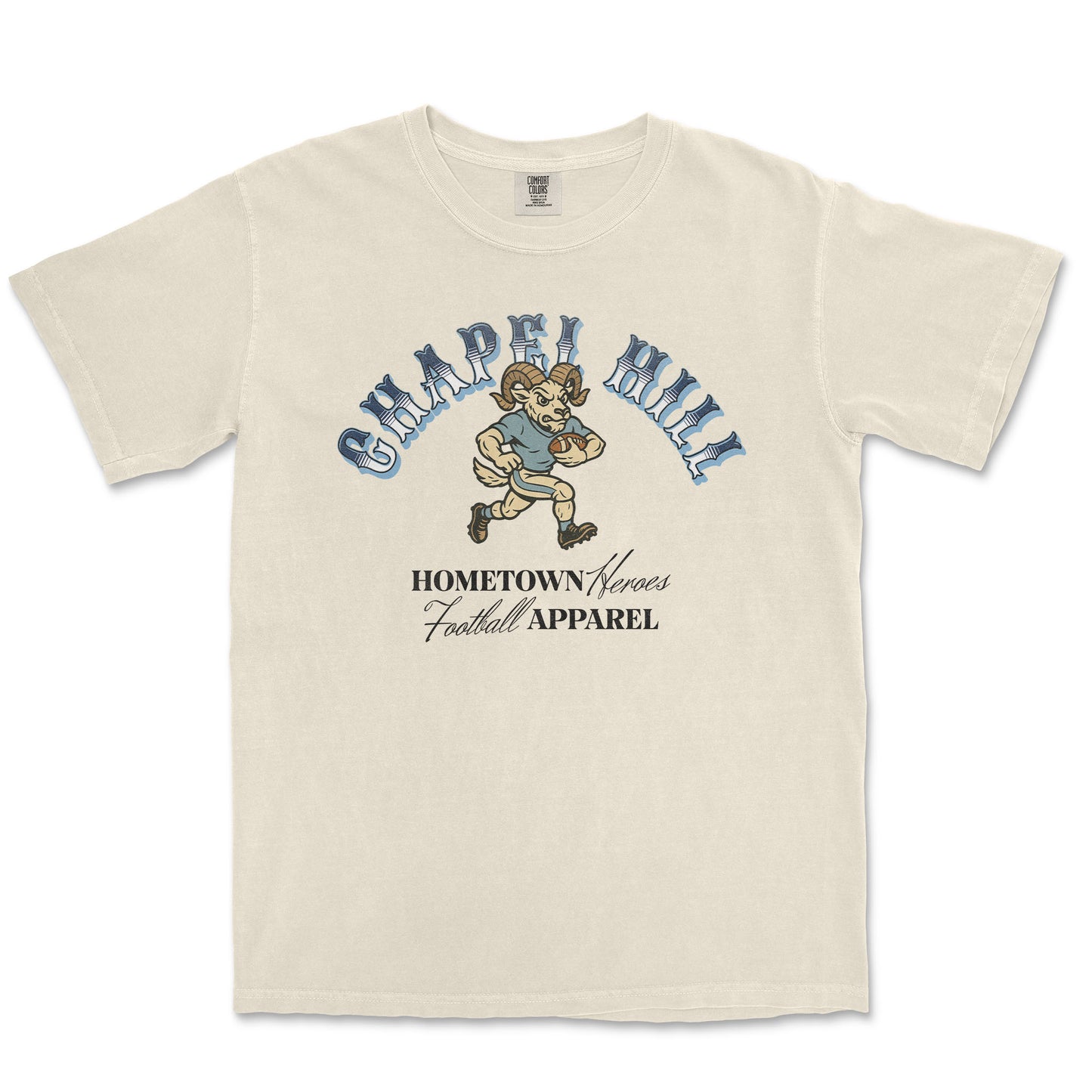 Beige t-shirt with 'Chapel Hill' and football player graphic on a white background