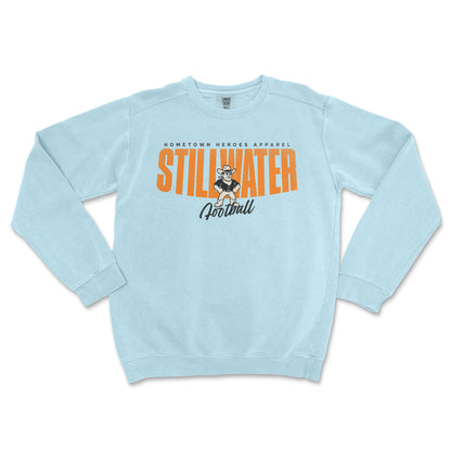 Light blue sweatshirt with 'Stillwater Football' text and logo on a white background