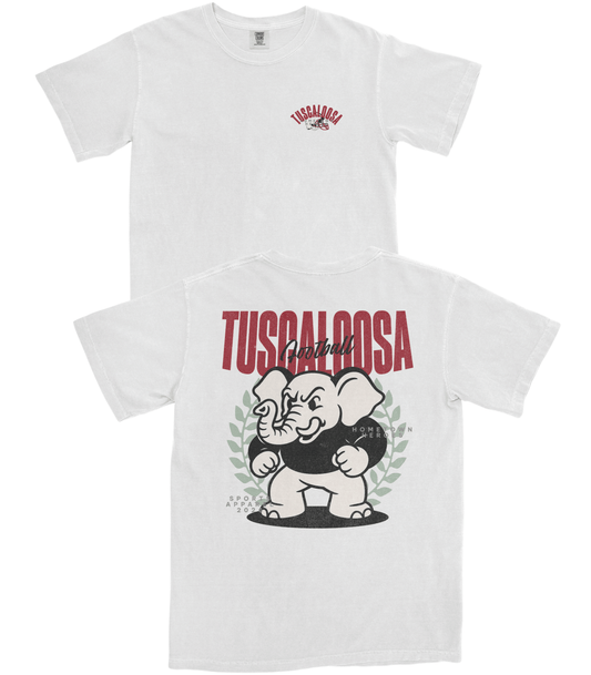 White t-shirt with 'Tuscaloosa' and elephant graphic on a white background