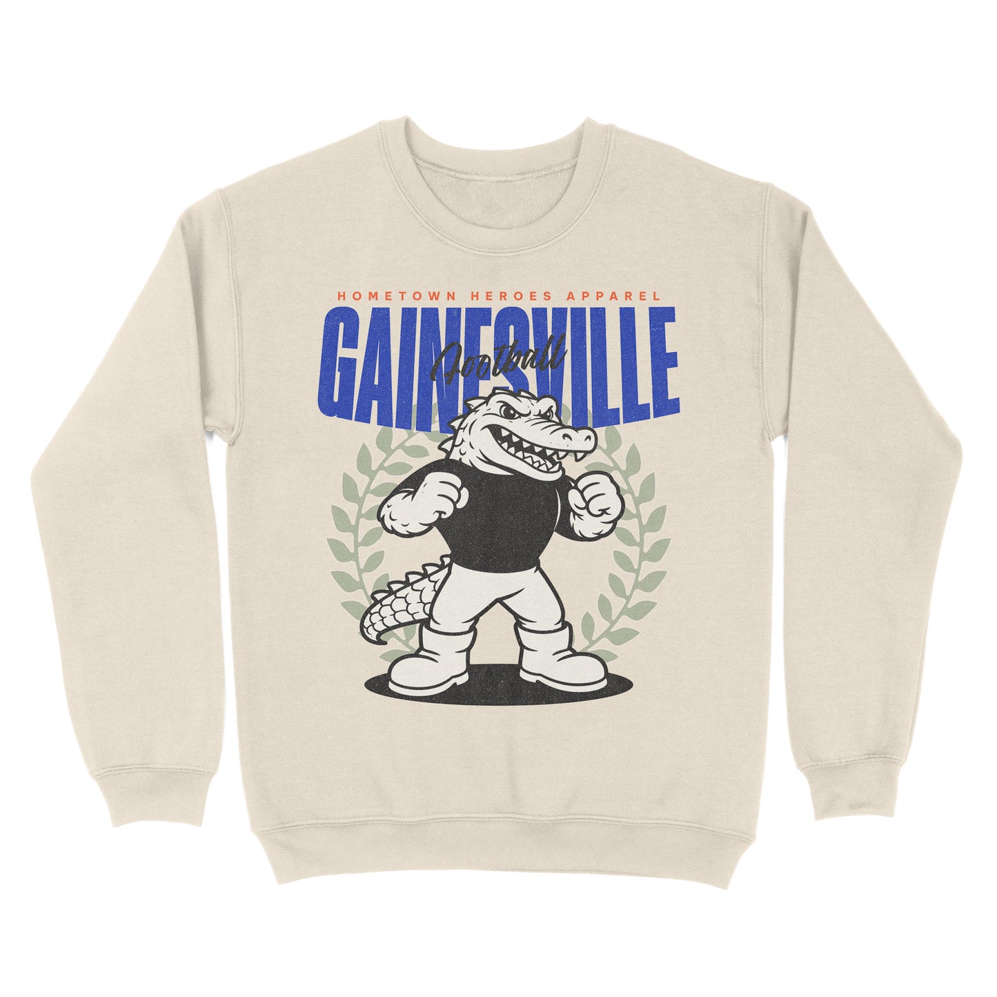 Beige sweatshirt with cartoon alligator and 'Gainesville' text on a white background