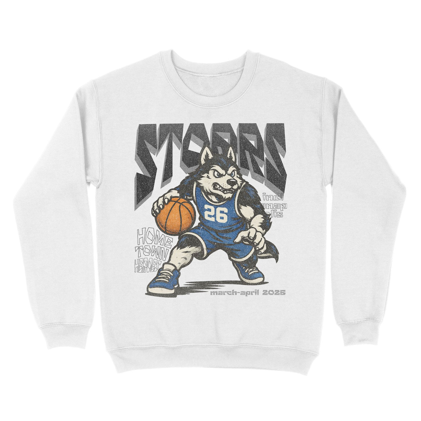 White sweatshirt with a cartoon dog holding a basketball and text on a white background