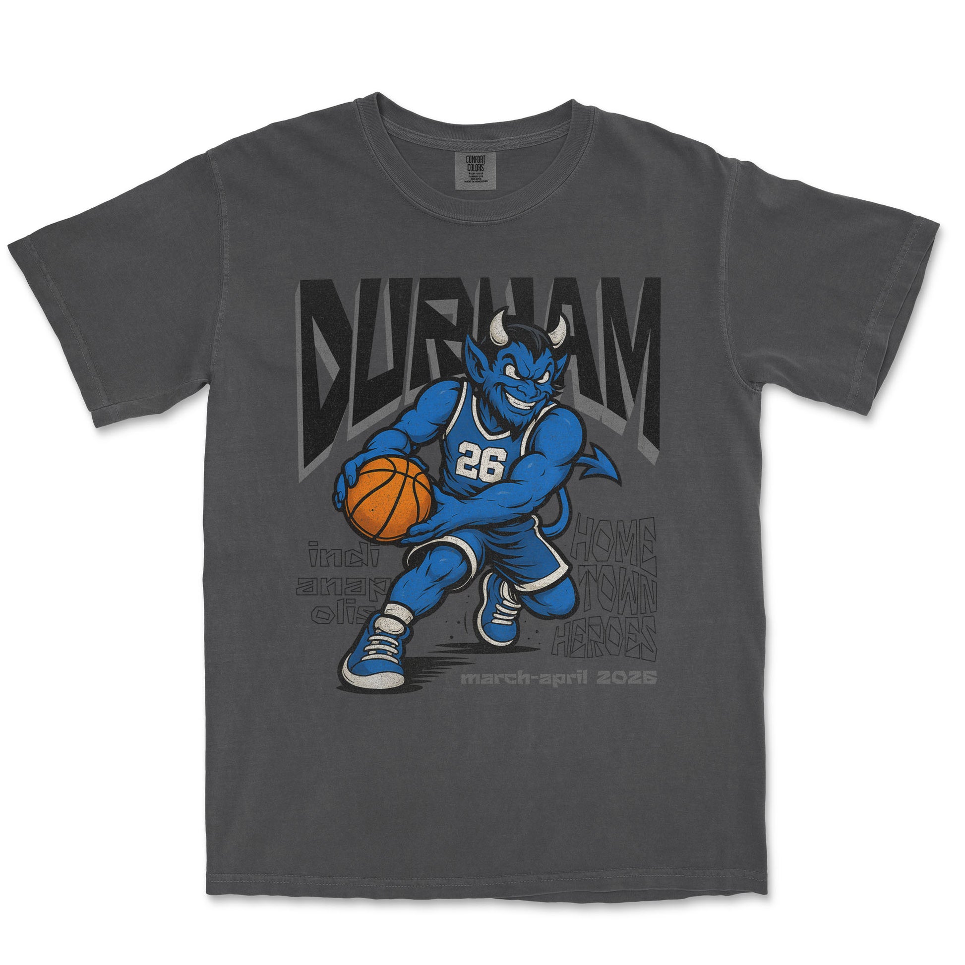 Gray t-shirt with a blue mascot holding a basketball and 'Durham' text on a white background