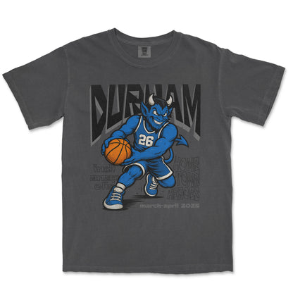 Gray t-shirt with a blue mascot holding a basketball and 'Durham' text on a white background