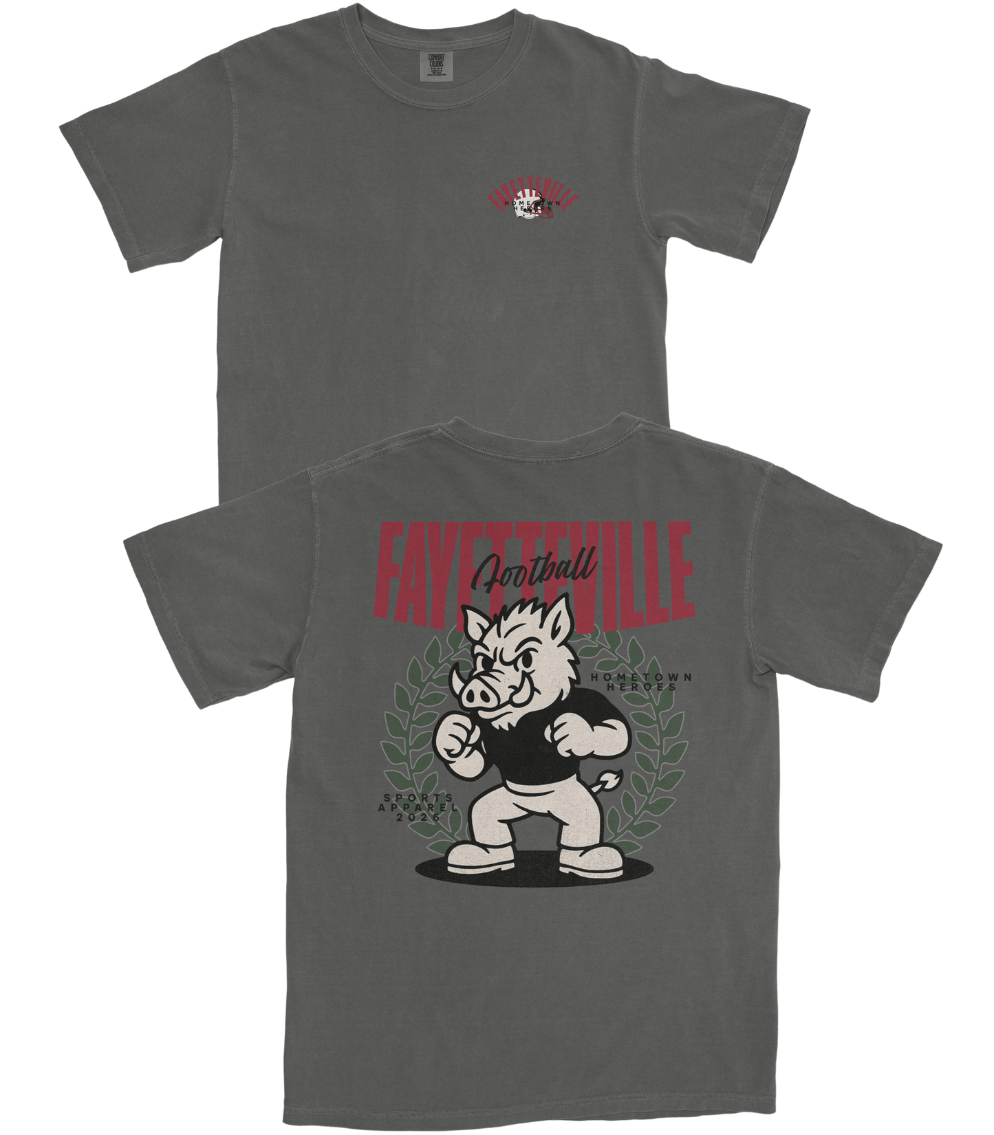 Gray t-shirt with a graphic design of a boar and text on a white background