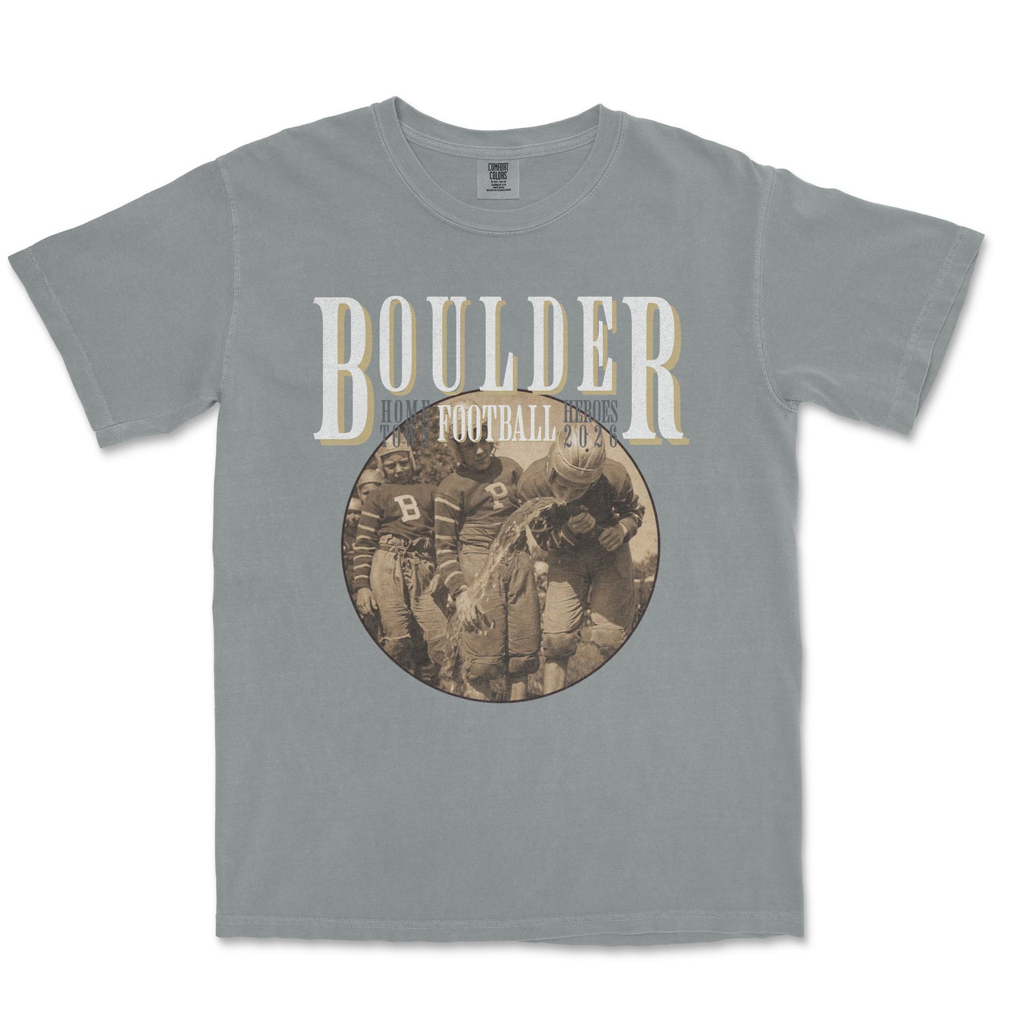 Gray t-shirt with 'BOULDER' and football graphic on a white background