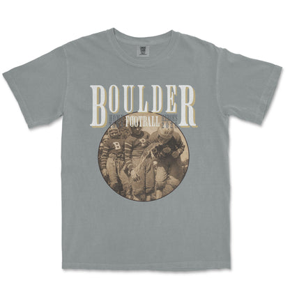 Gray t-shirt with 'BOULDER' and football graphic on a white background