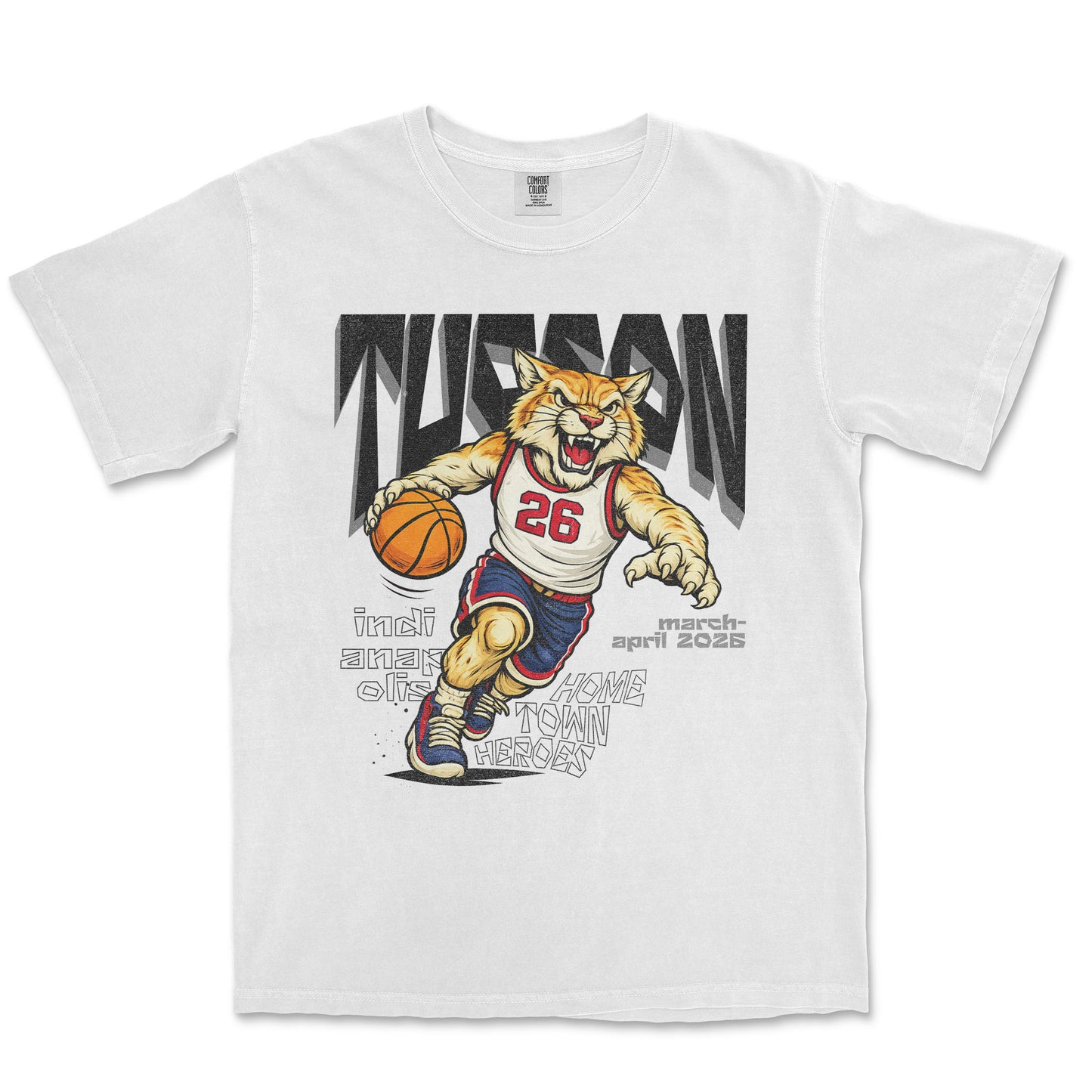 White t-shirt with a tiger graphic holding a basketball and text on a white background
