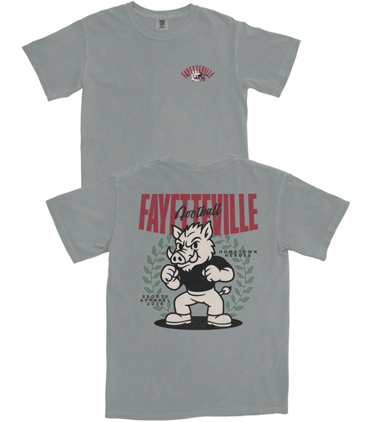 Gray t-shirt with graphic design and text on a white background