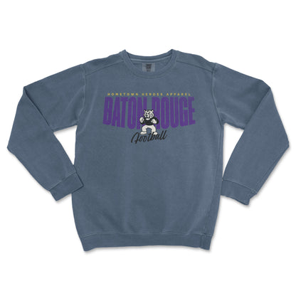 Blue sweatshirt with 'Baton Rouge Football' text and logo on a white background