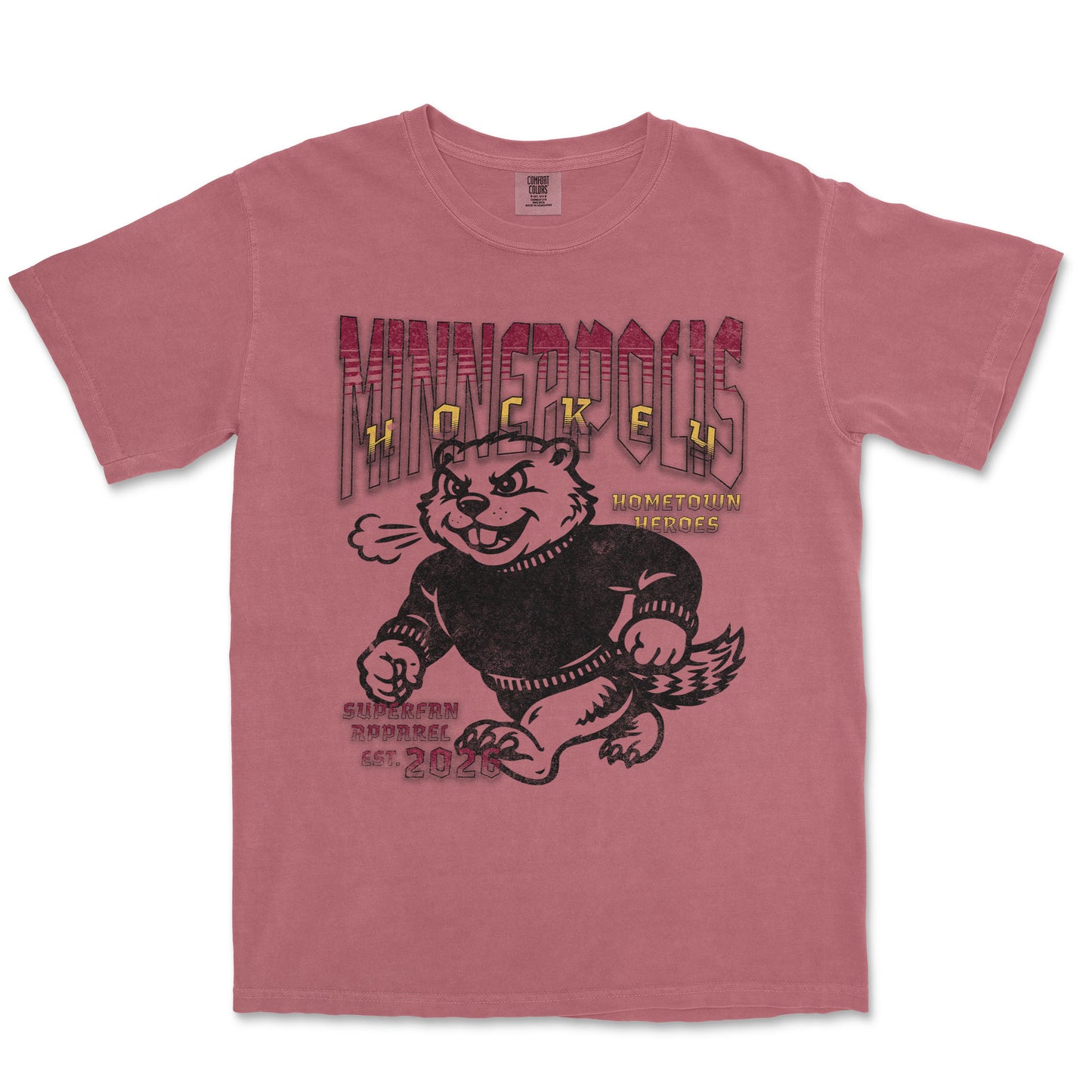 Pink t-shirt with graphic design of a bear and text on a white background