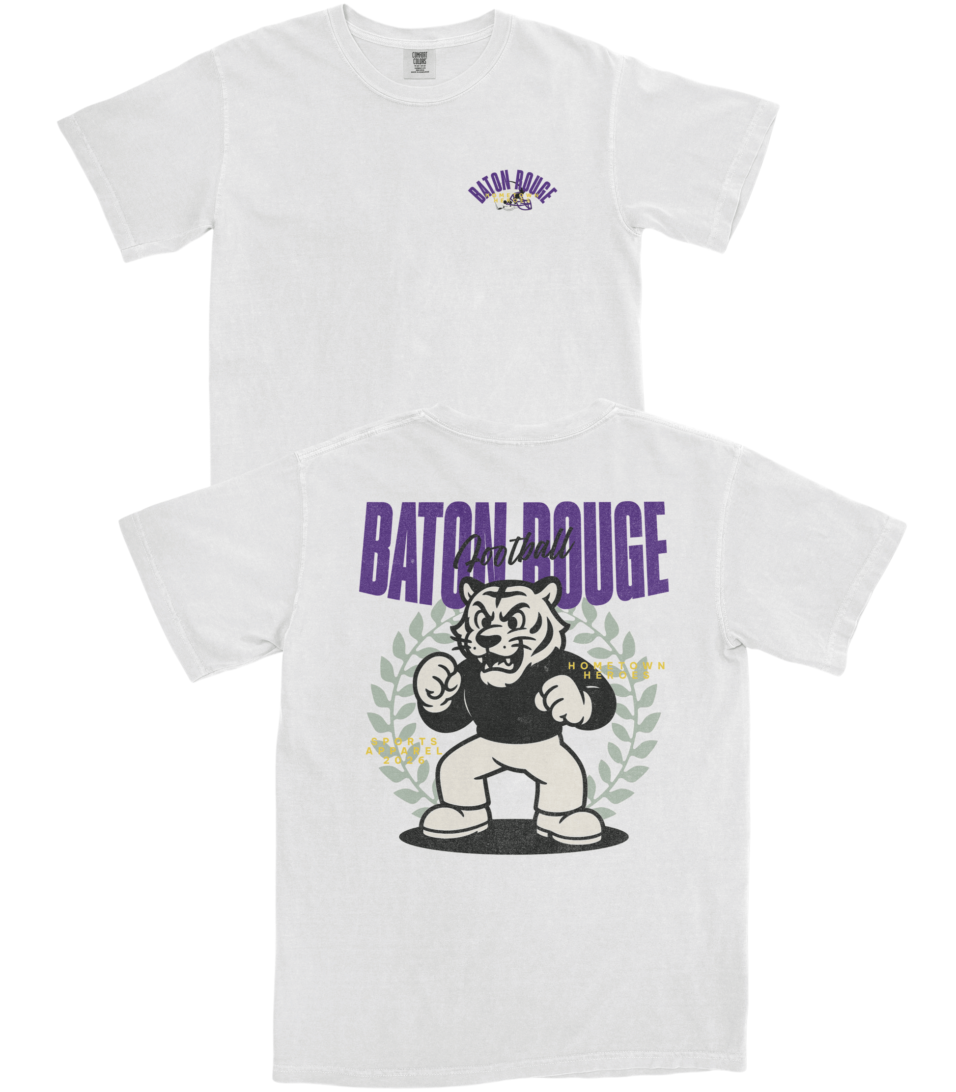 Two white t-shirts with graphic designs and text on a white background