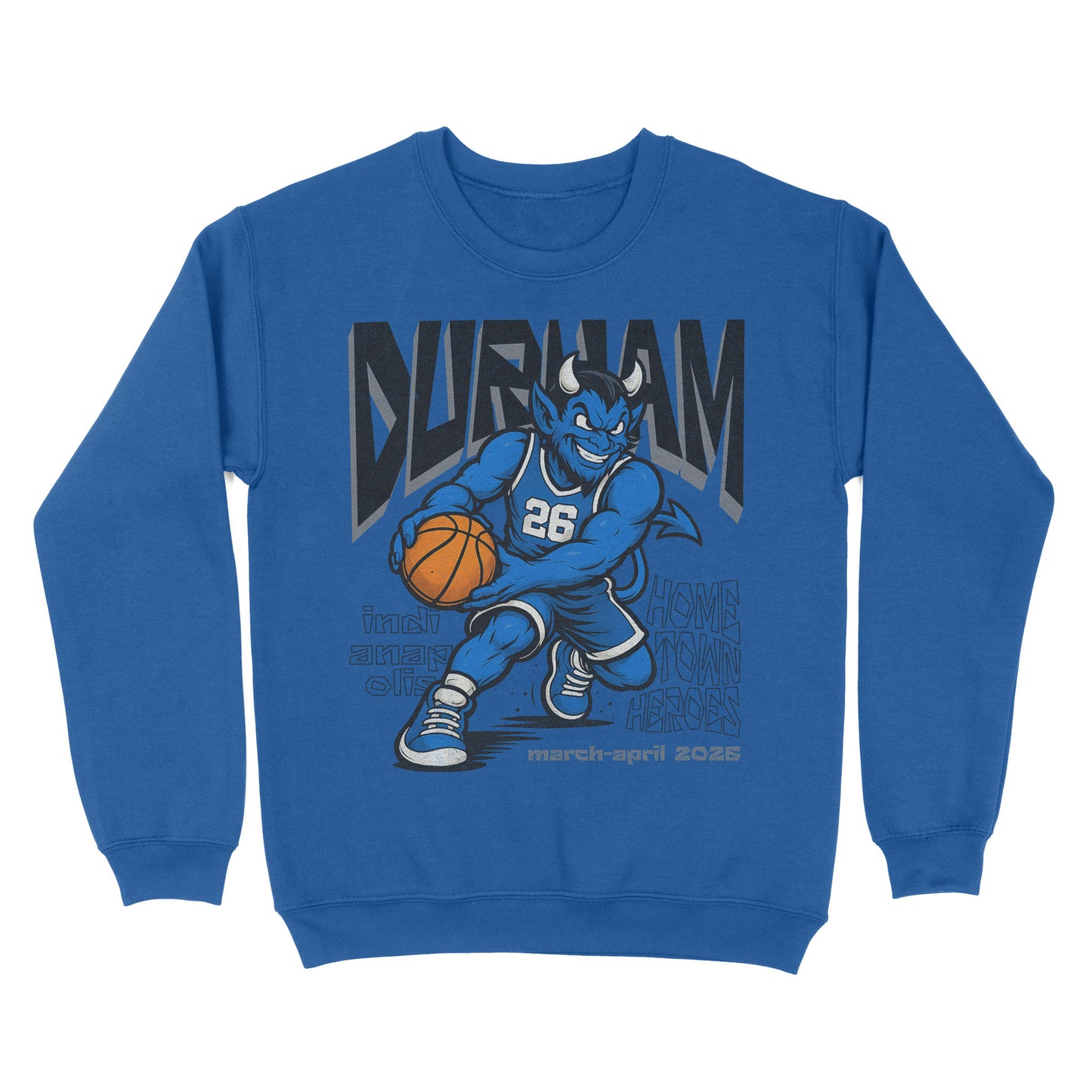 Blue sweatshirt with a cartoon bull holding a basketball and the word 'Durham' on a white background