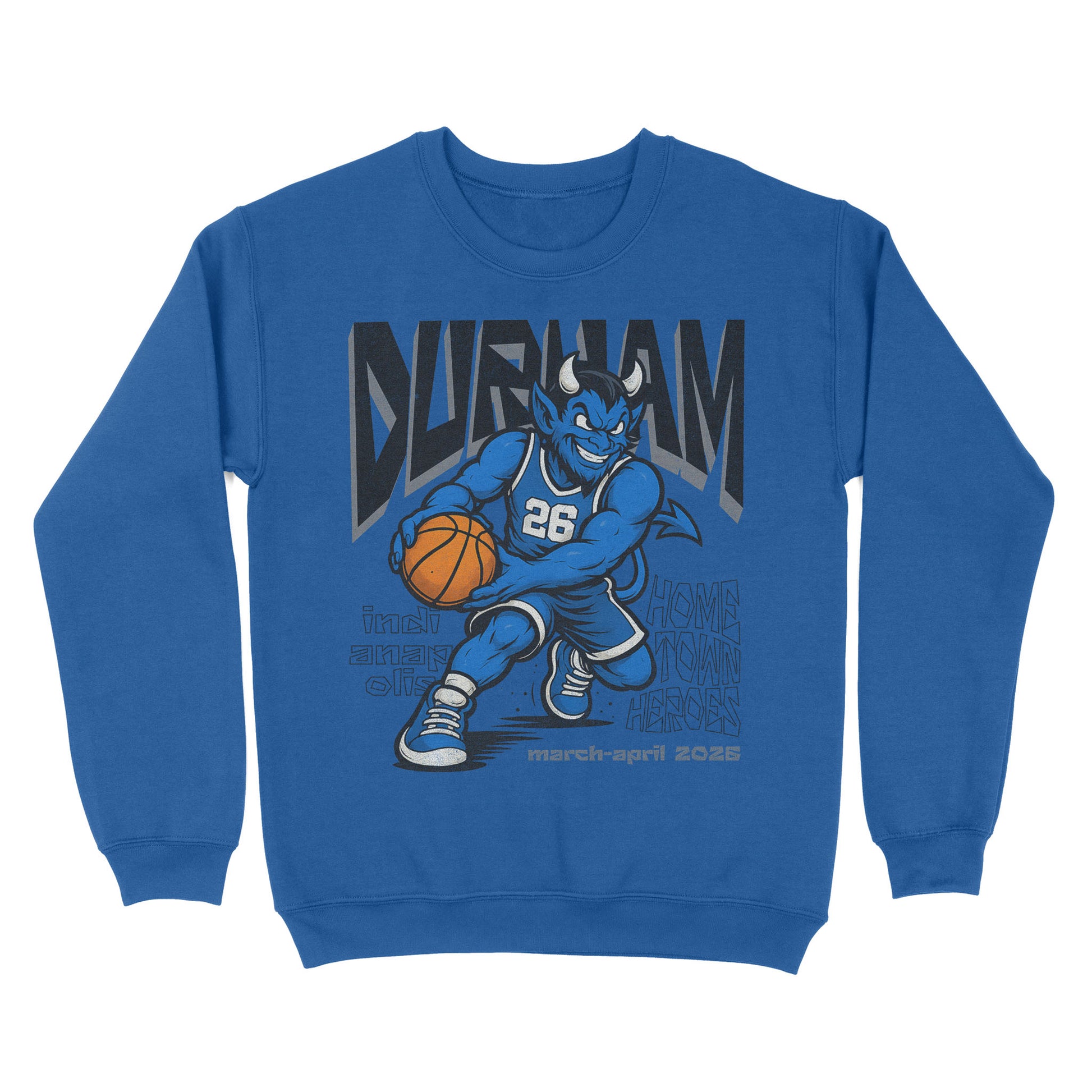 Blue sweatshirt with a cartoon bull holding a basketball and the word 'Durham' on a white background