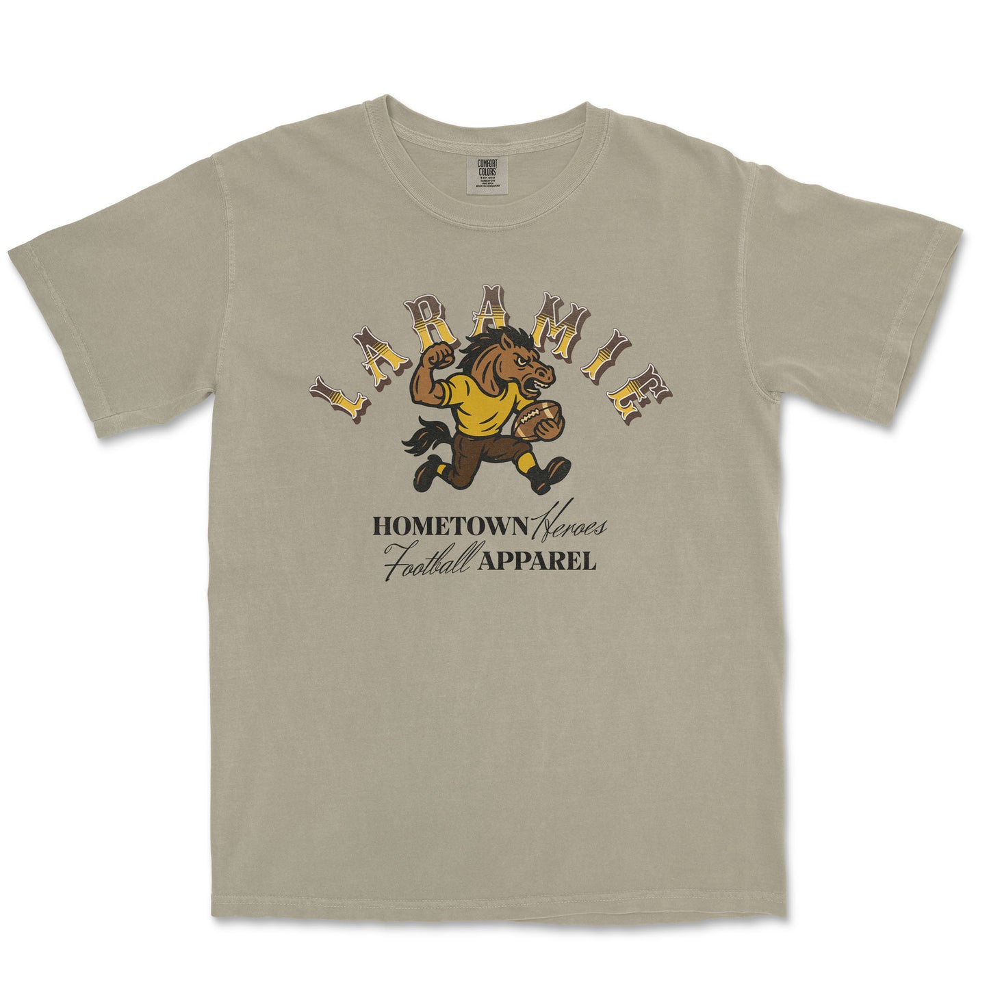 Beige t-shirt with a graphic of a horse and text on a white background