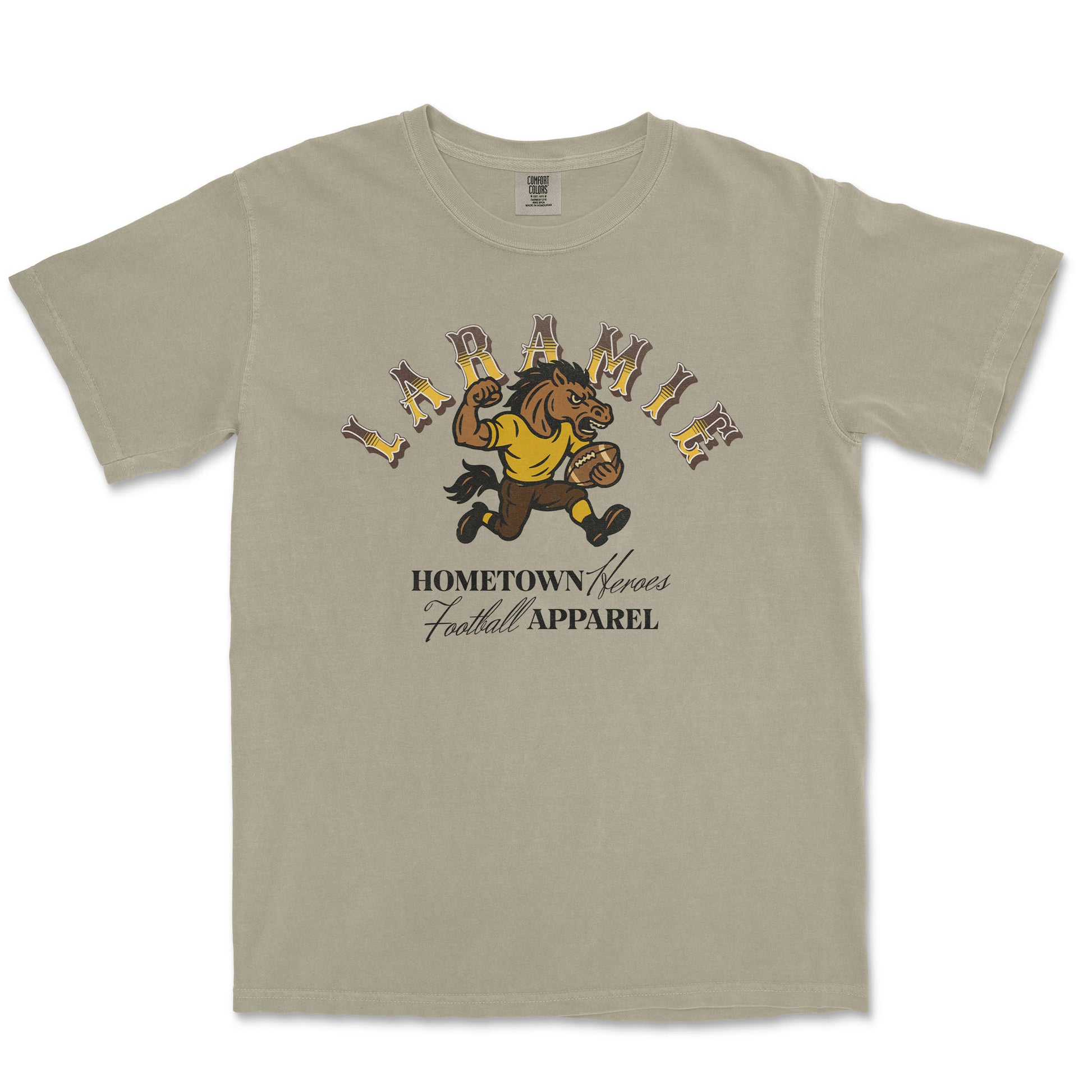 Beige t-shirt with a graphic of a horse and text on a white background