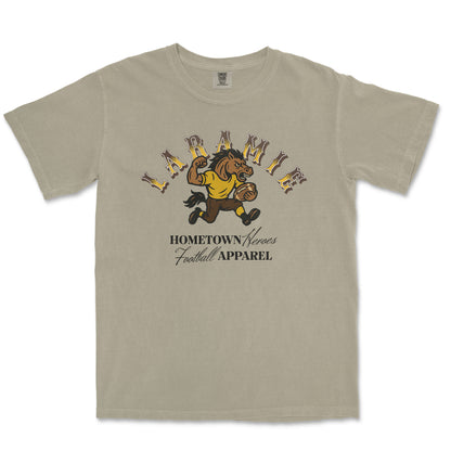 Beige t-shirt with a graphic of a horse and text on a white background