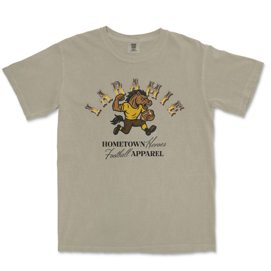 Beige t-shirt with a graphic of a horse and text on a white background