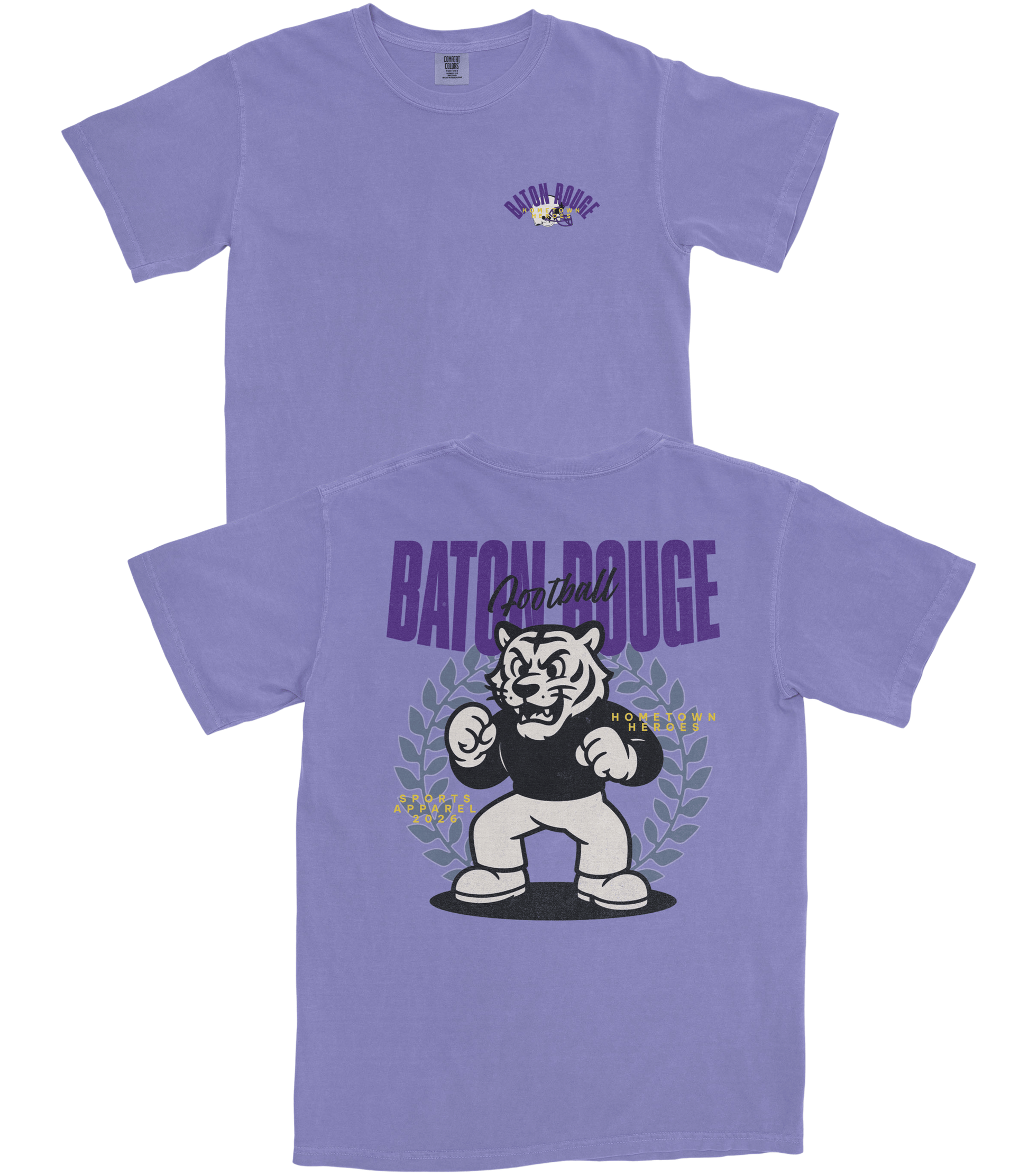 Purple t-shirt with a cartoon tiger and text on a white background