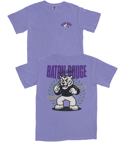 Purple t-shirt with a cartoon tiger and text on a white background