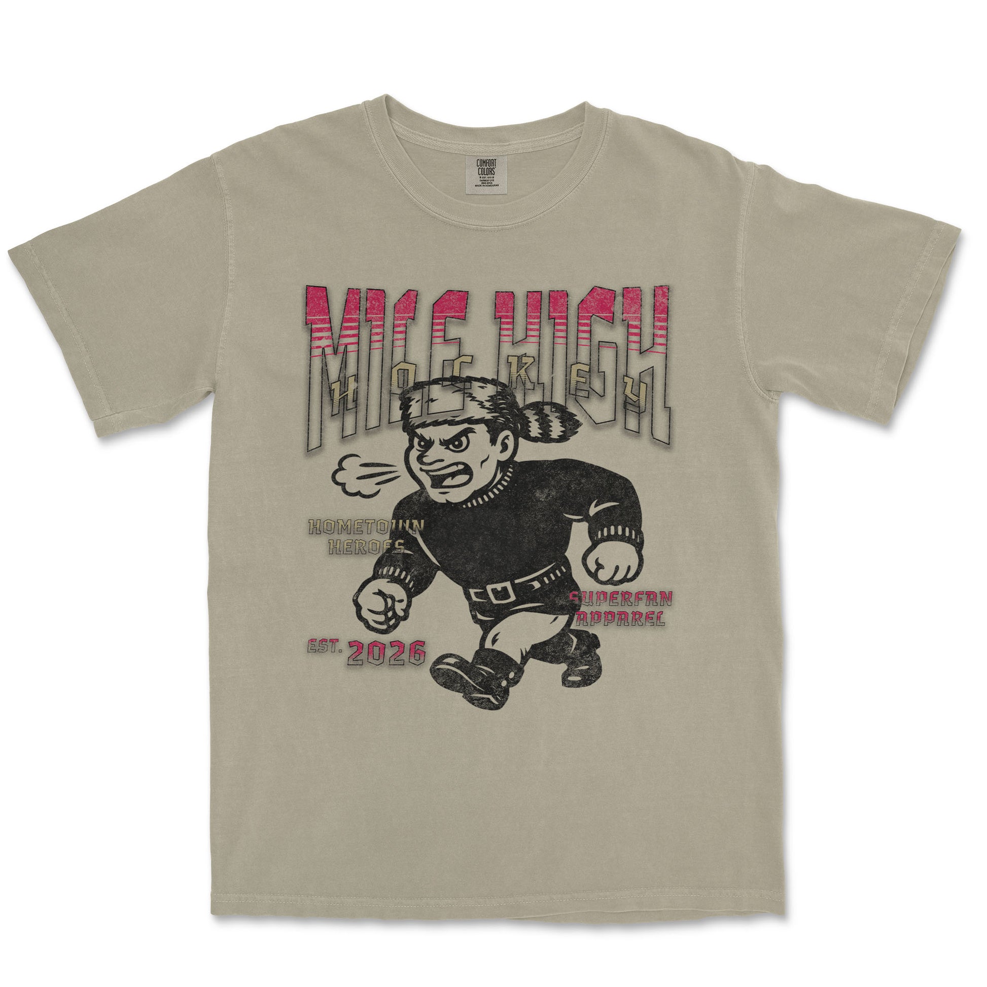 Beige t-shirt with graphic design of a character and text on a white background