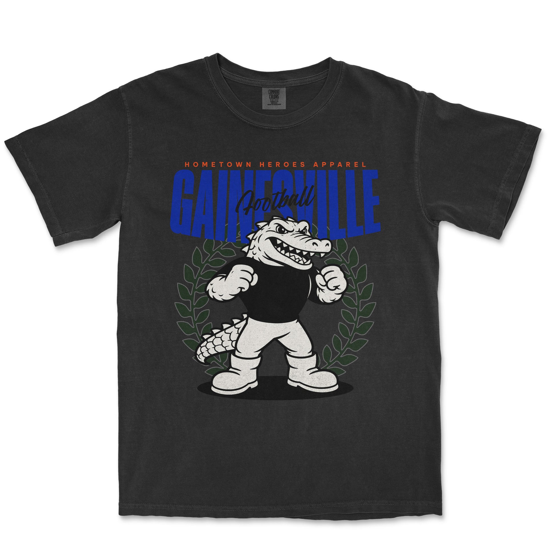 Black t-shirt with a graphic of an alligator and text on a white background