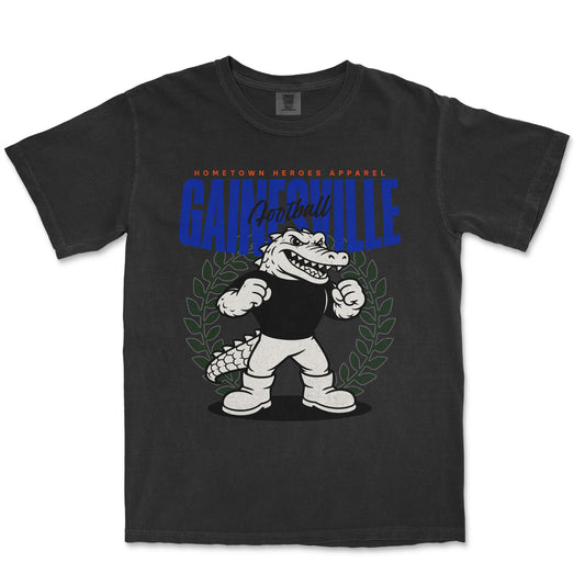 Black t-shirt with a graphic of an alligator and text on a white background