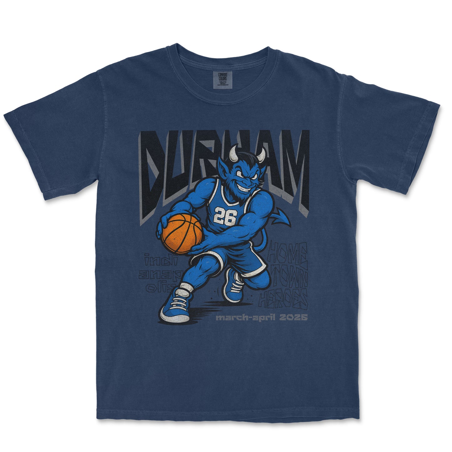 Blue t-shirt with a cartoon character holding a basketball and 'Durham' text on a white background