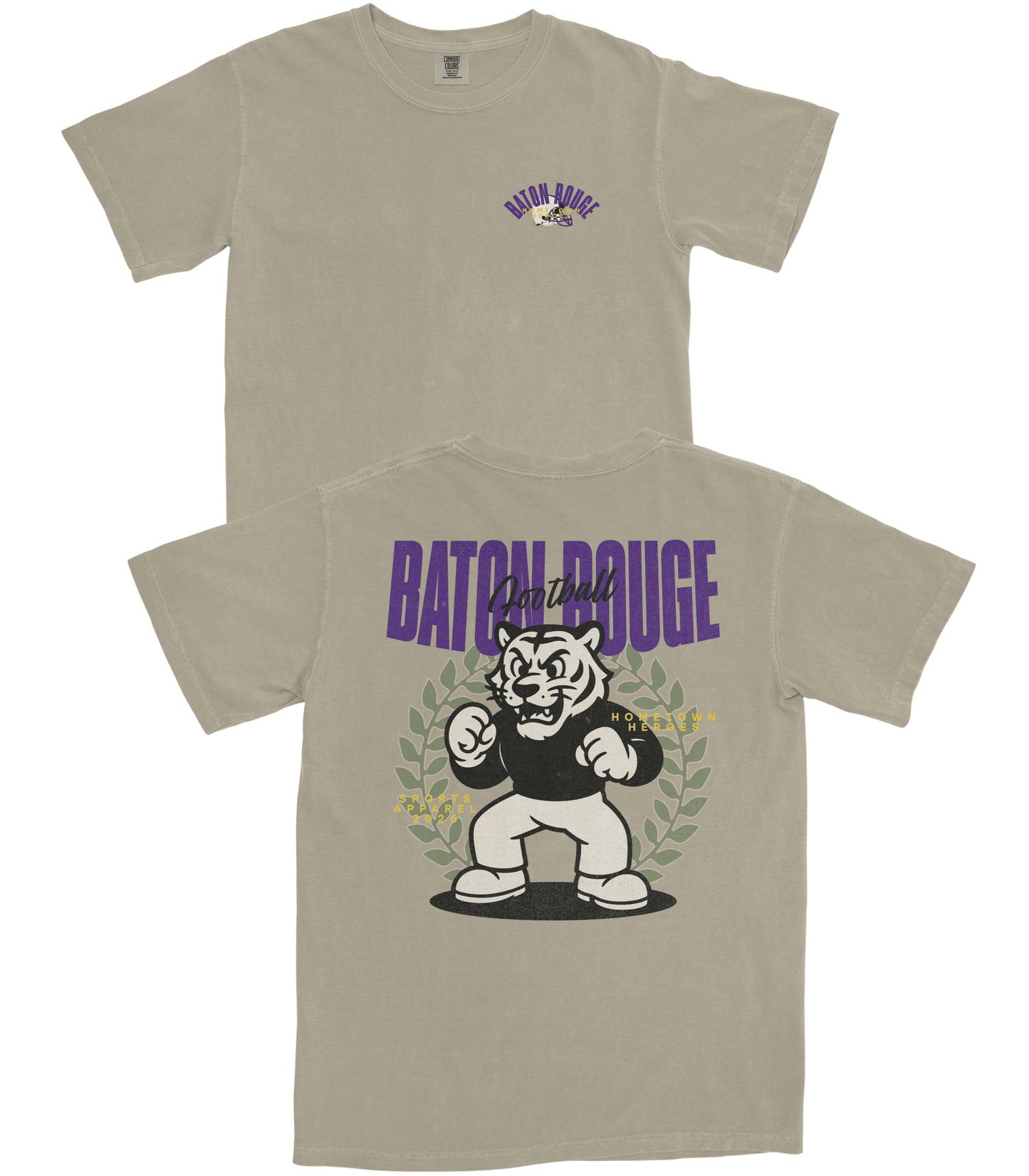 Beige t-shirt with a graphic of a tiger and text on a white background