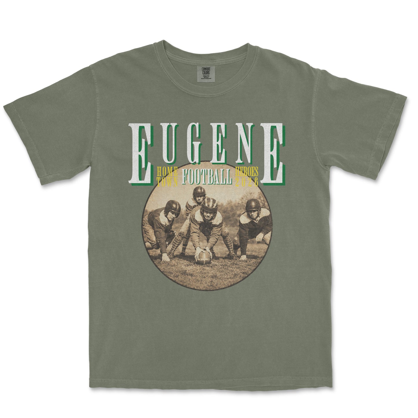 Green t-shirt with 'Eugene Football' graphic on a white background