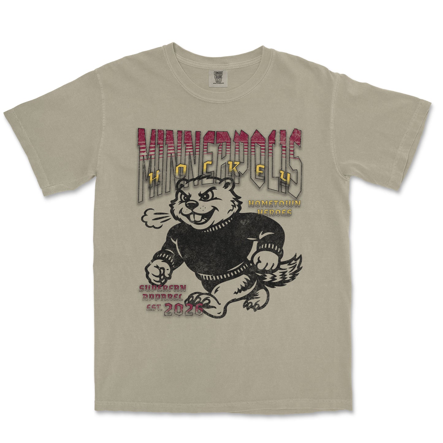 Beige t-shirt with a graphic of a bear and text on a white background