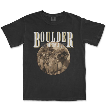 Black t-shirt with 'BOULDER' and football player graphic on a white background