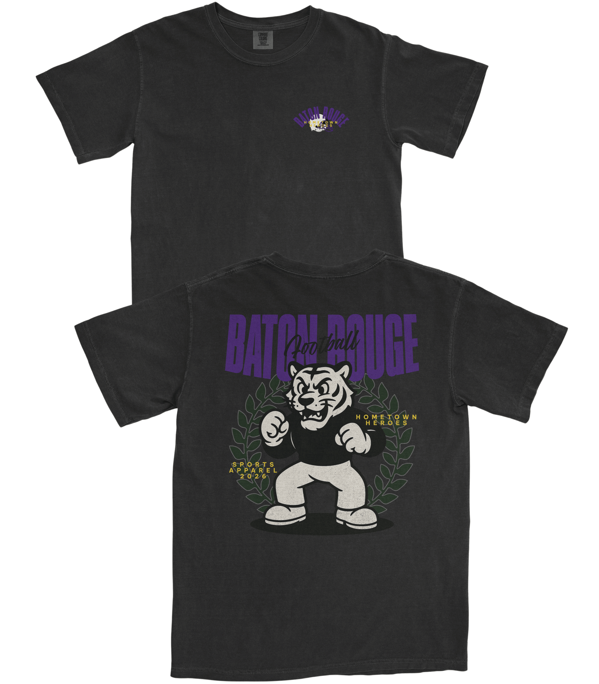 Black t-shirt with a graphic design of a tiger and text on a white background