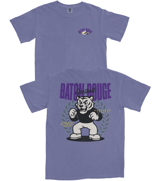 Purple t-shirt with a tiger graphic and text on a white background