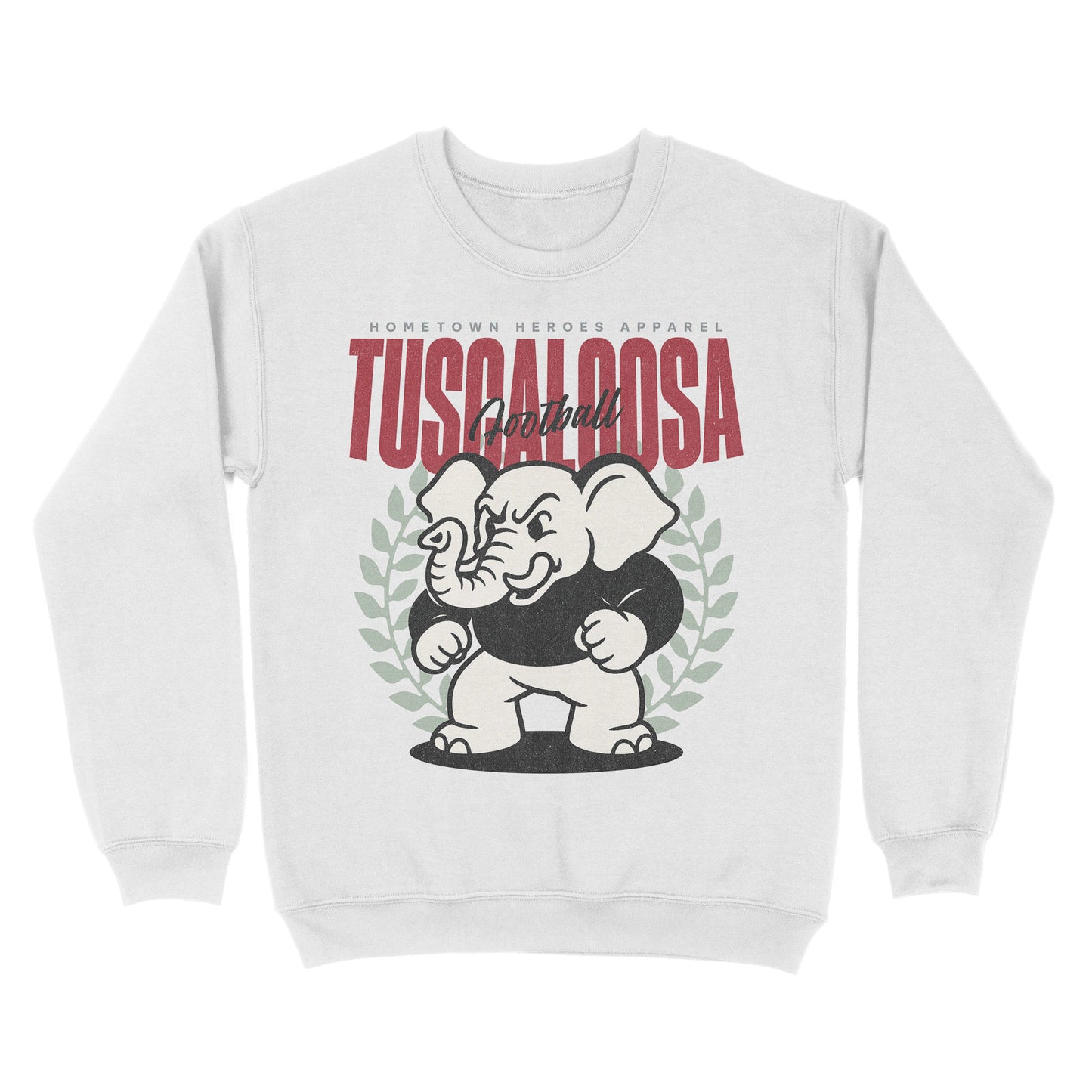White sweatshirt with Tuscaloosa graphic design on a white background