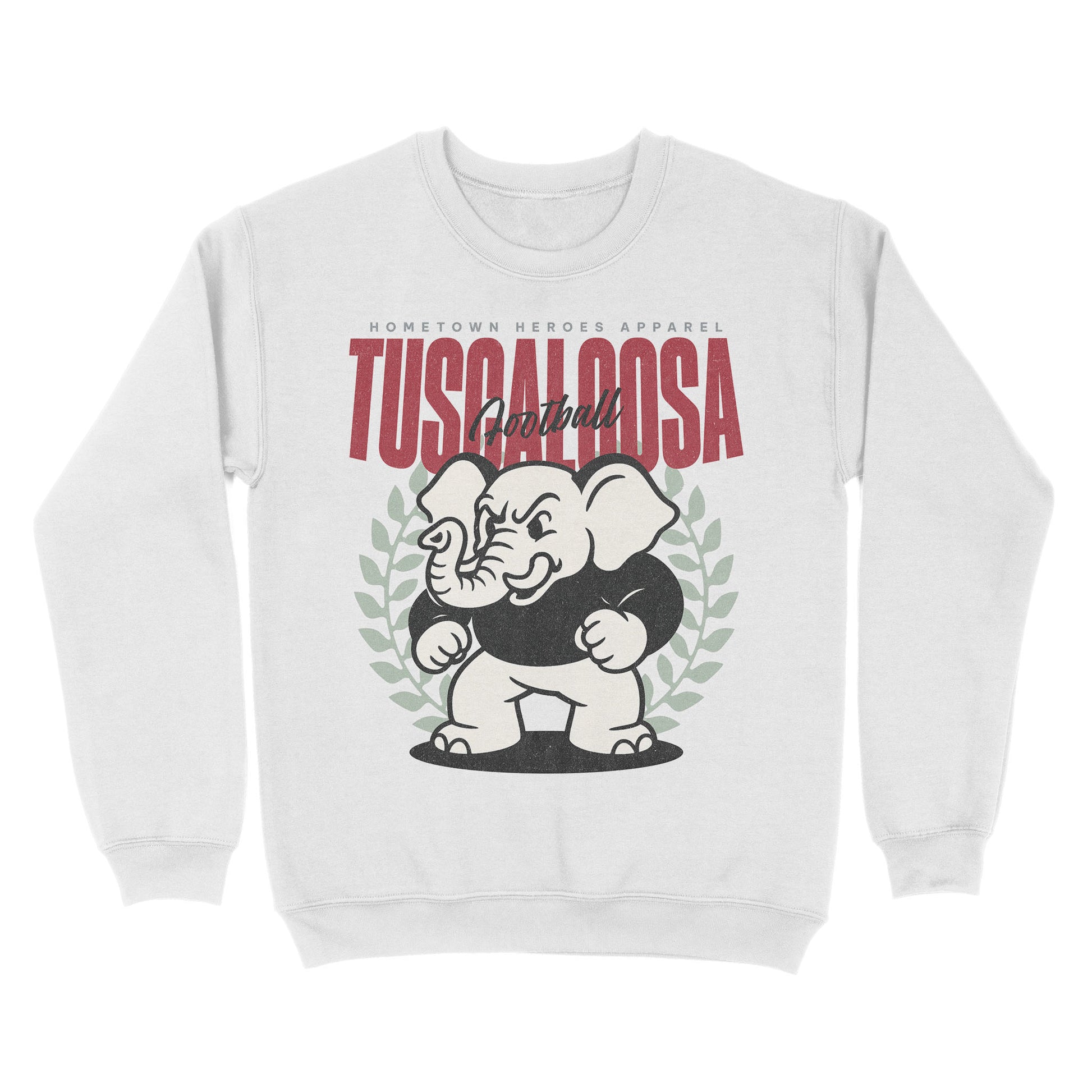 White sweatshirt with Tuscaloosa graphic design on a white background