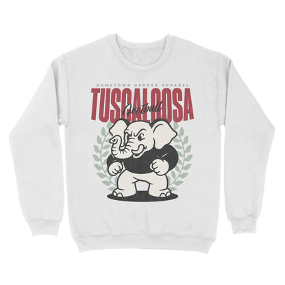 White sweatshirt with Tuscaloosa graphic design on a white background