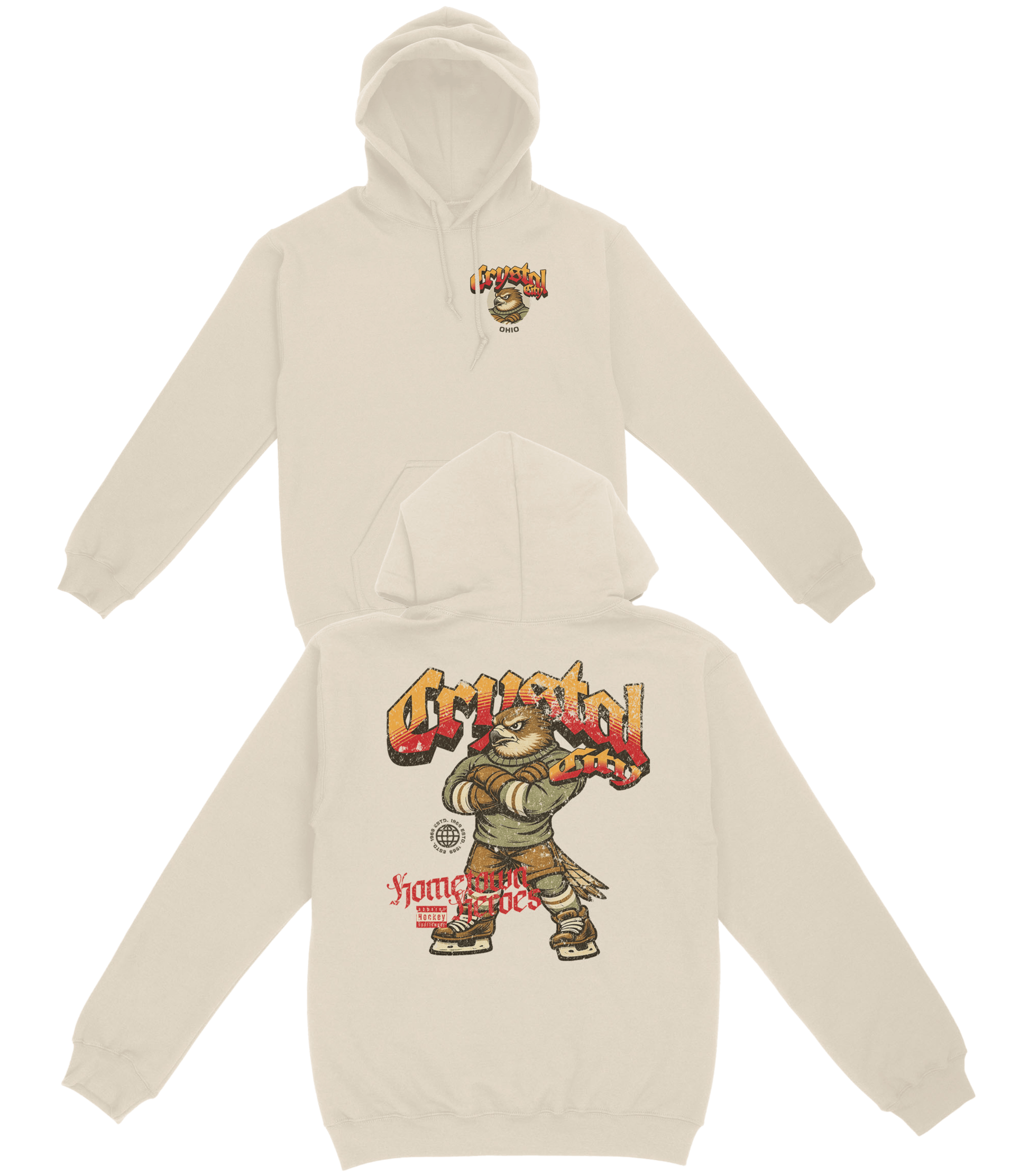 Beige hoodie with graphic design on a white background