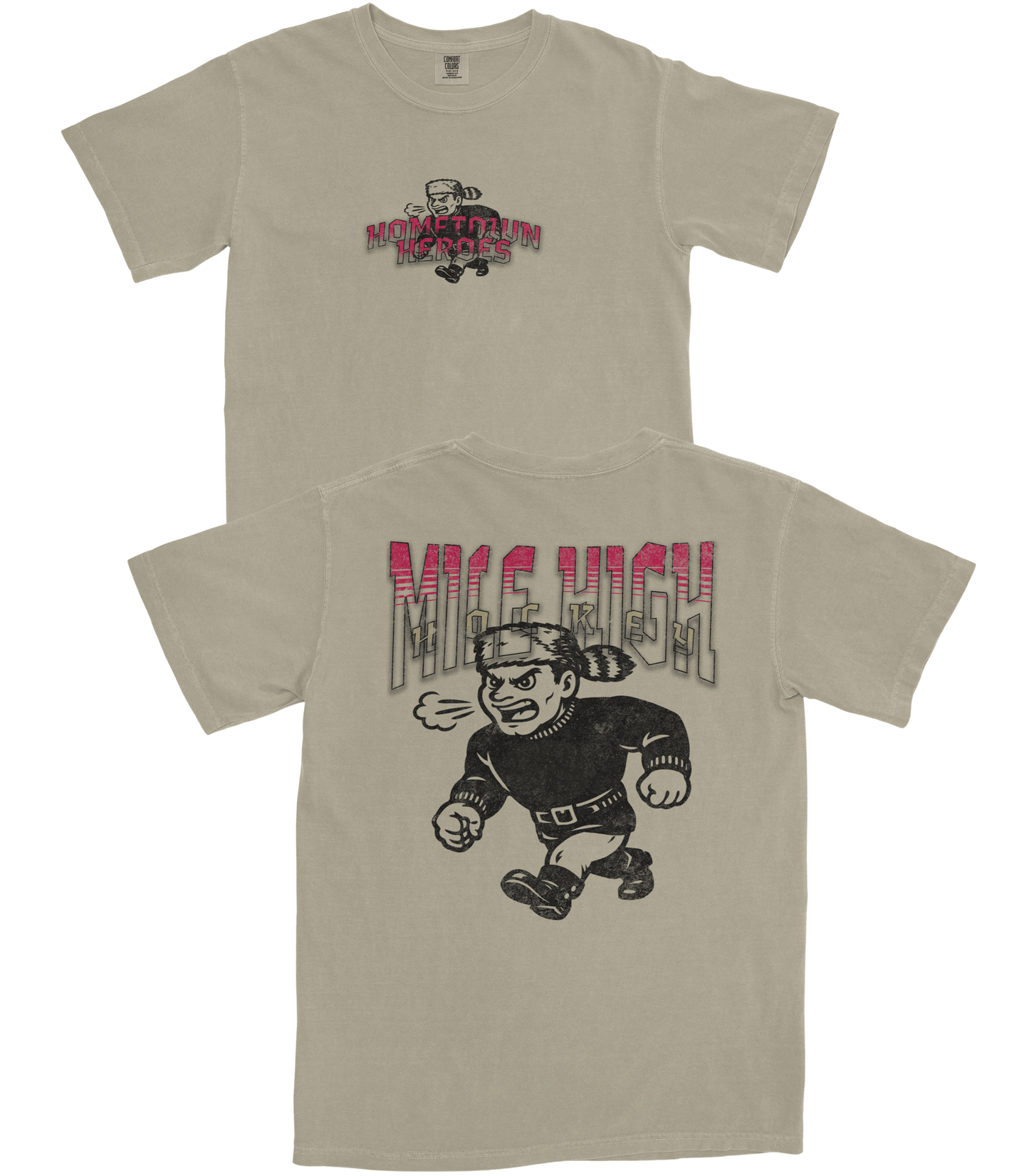 Beige t-shirt with graphic design and text on a white background