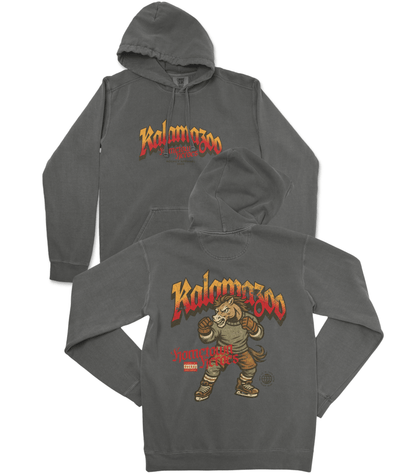 Gray hoodie with 'Kalamazoo' logo on front and back, on a white background