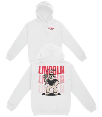 White hoodie with cartoon character and 'Lincoln' text on a white background