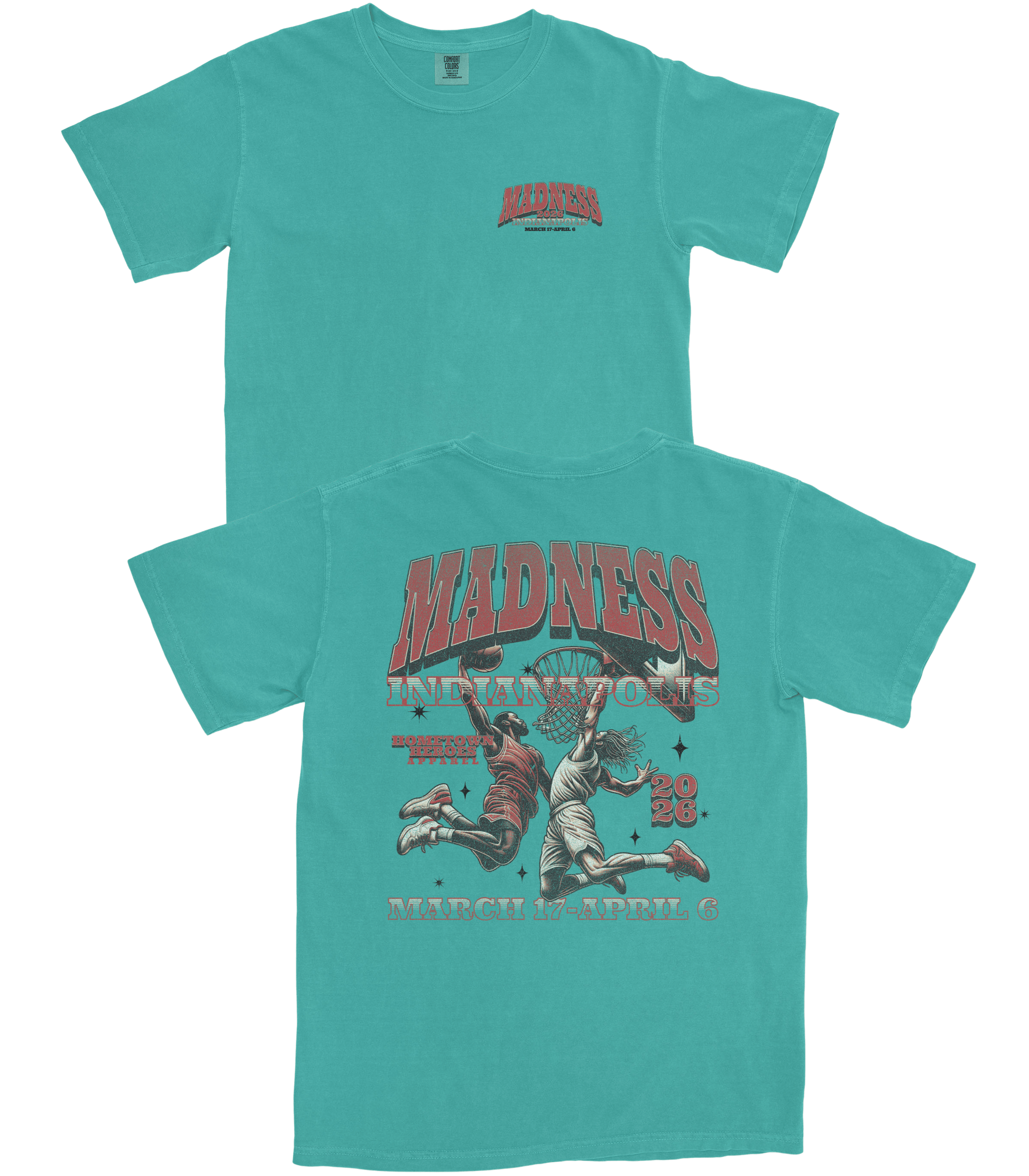 Two turquoise t-shirts with different graphics on a white background