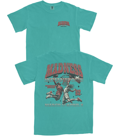 Two turquoise t-shirts with different graphics on a white background