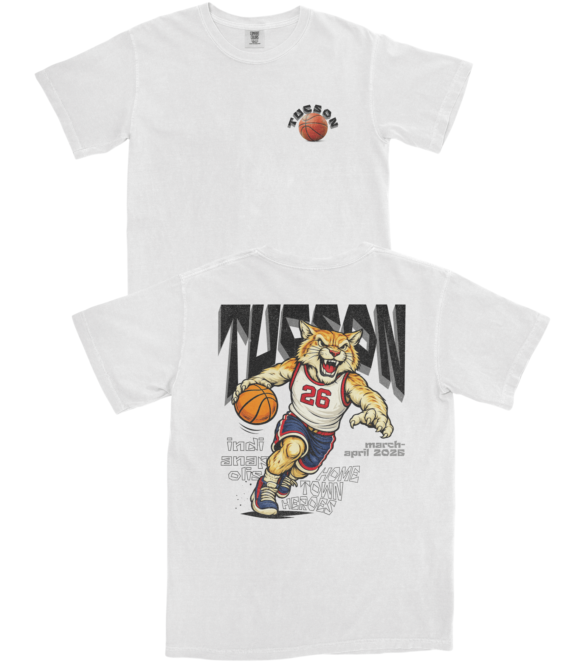 White t-shirt with a graphic of a tiger holding a basketball and text on a white background