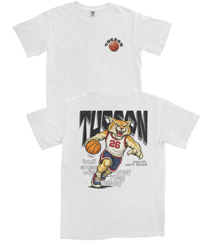 White t-shirt with a graphic of a tiger holding a basketball and text on a white background