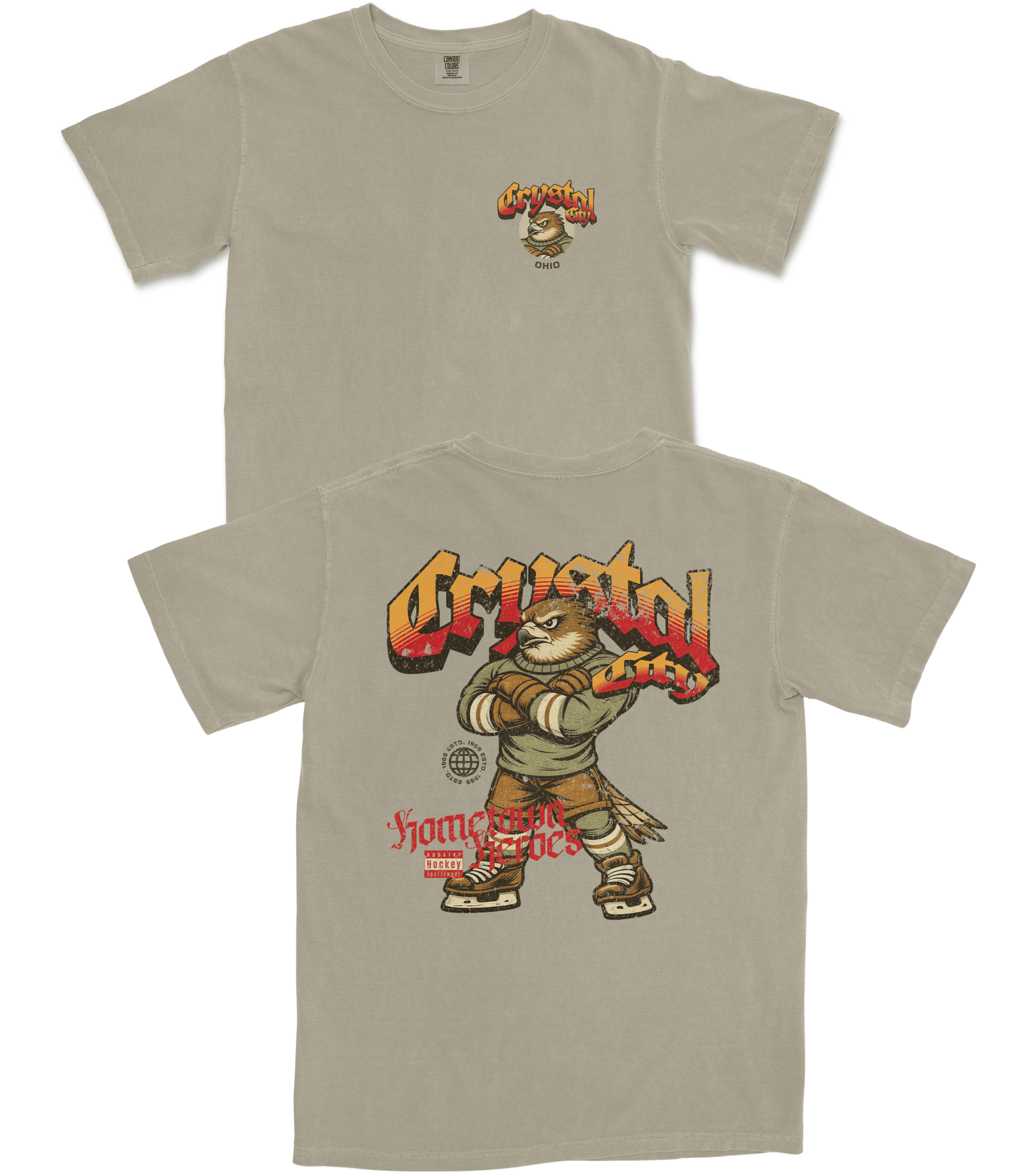 Beige t-shirt with cartoon character and 'Crystal' branding on a white background
