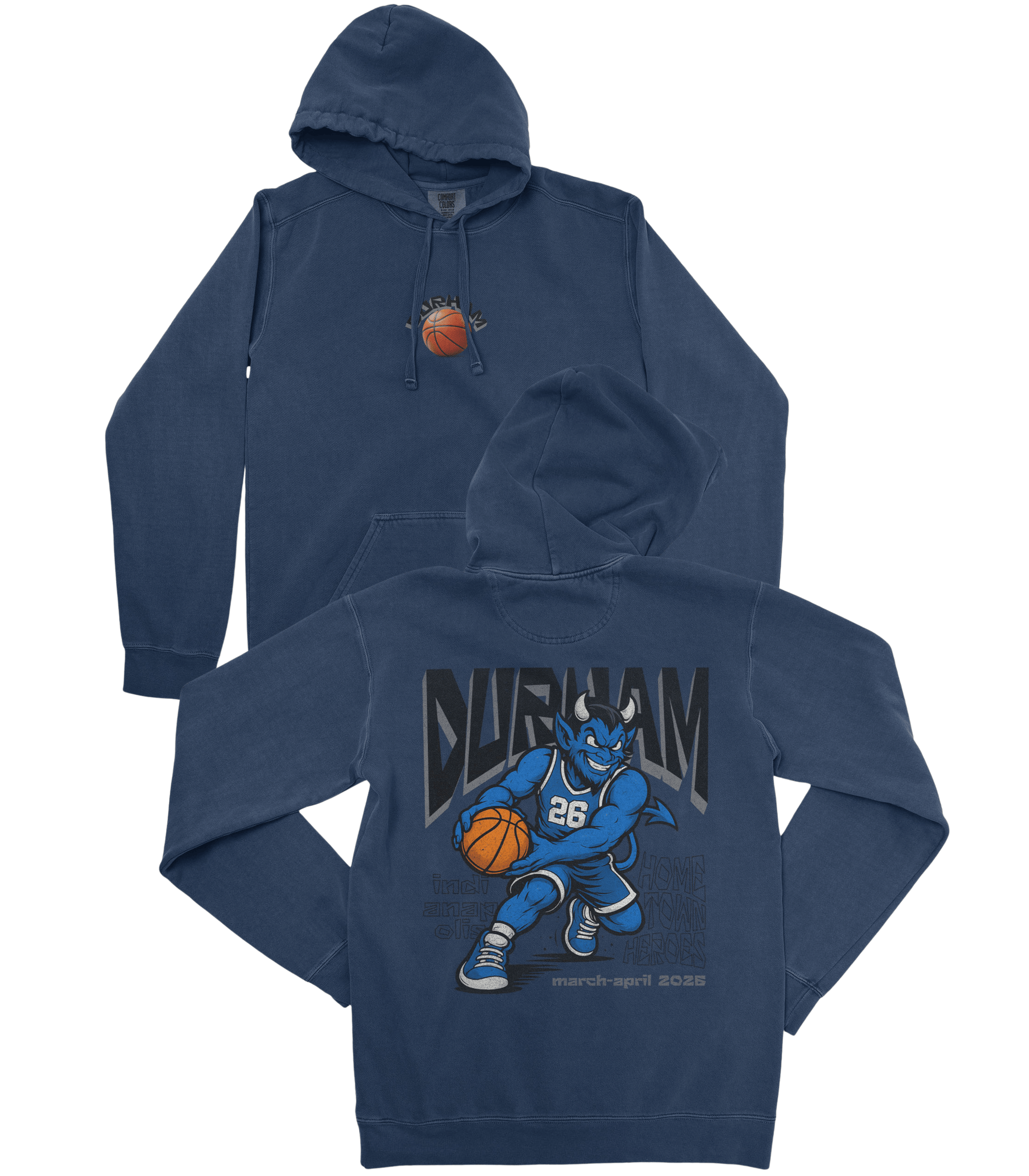 Navy blue hoodie with 'Durham' and number 26 graphic on a white background