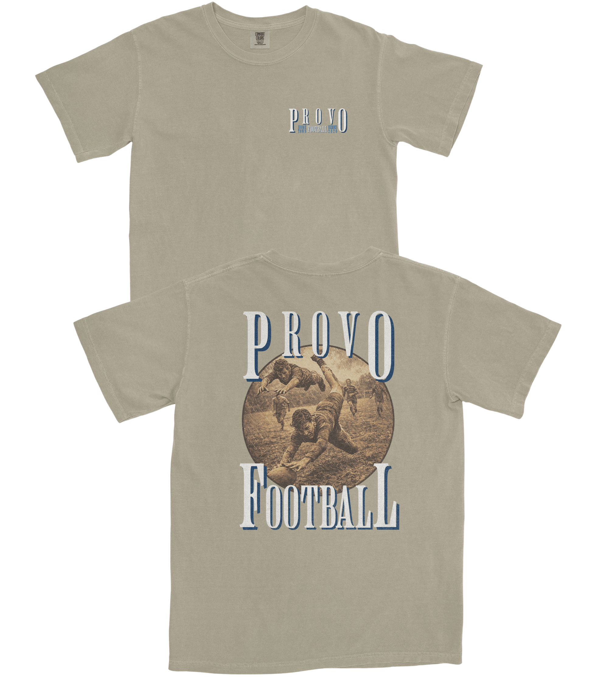 Beige t-shirt with 'Provo Football' design on a white background